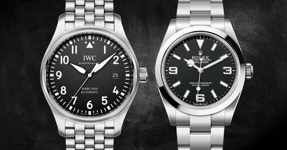 IWC Pilot's Watch and Rolex Explorer side by side on astainless steel bracelet, showcasing aviation and adventure watch designs.