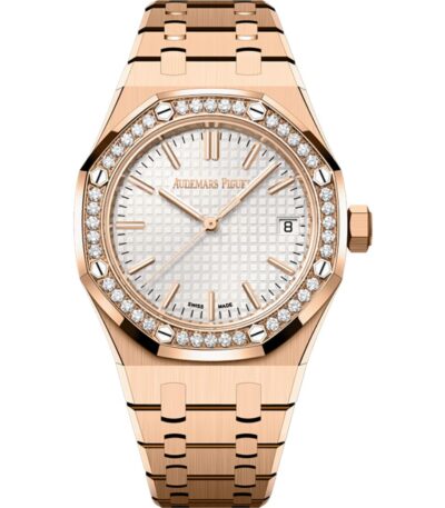 Audemars Piguet Royal Oak 37mm 15551OR.ZZ.1356OR.04 rose gold with silver dial and diamond bezel