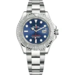 Rolex Yacht-Master 40 126622 in stainless steel with a striking blue sunburst dial, platinum bezel, automatic movement, and Oyster bracelet, combining nautical elegance with everyday luxury.