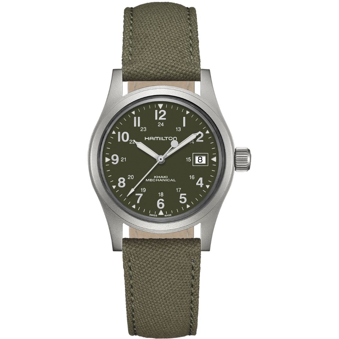 h69439363_1 Hamilton Khaki Field Mechanical 38mm H69439363 Stainless Steel Green Dial - Image 1