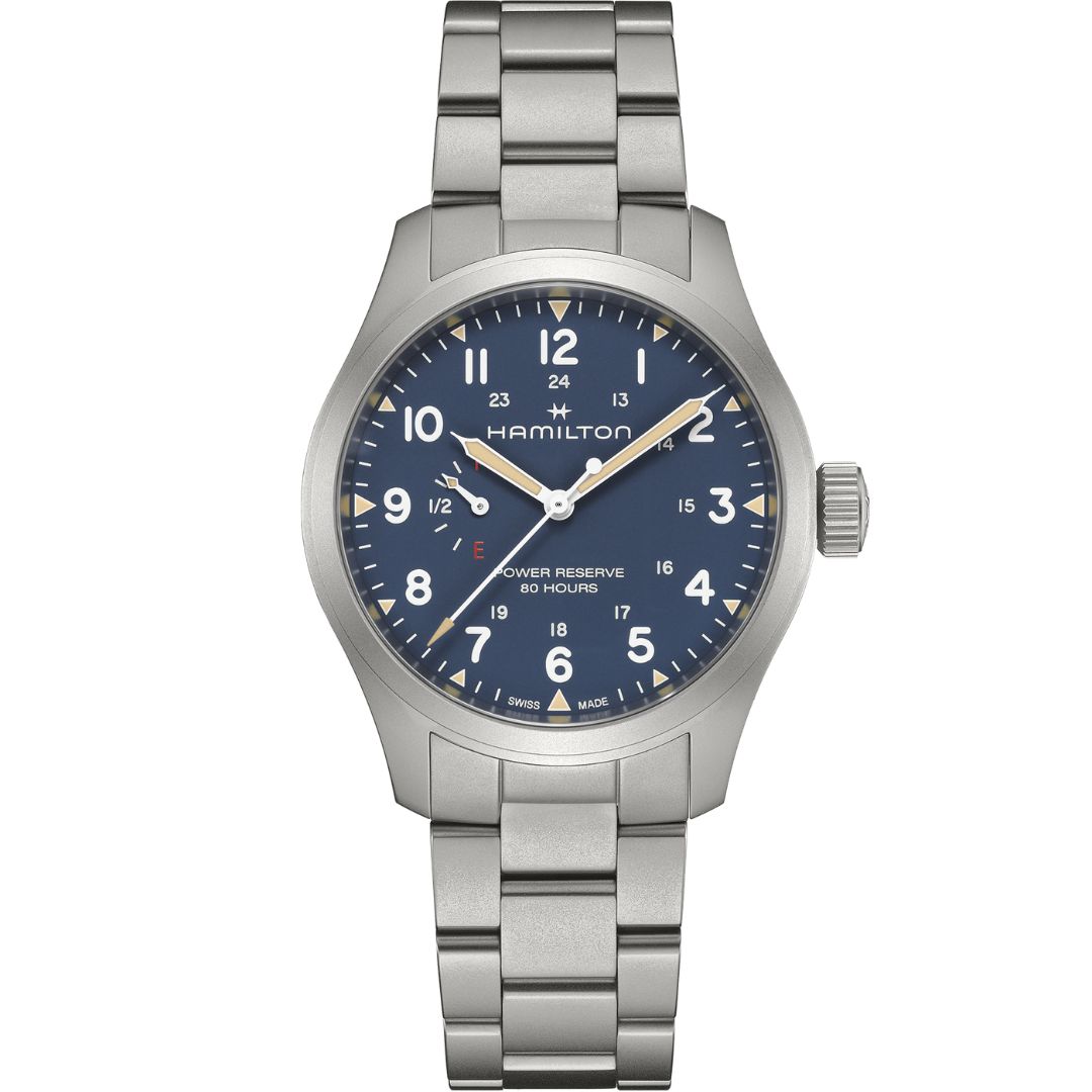 h69509140_1 Hamilton Khaki Field Mechanical Power Reserve 40mm H69509140 Stainless Steel Blue Dial - Image 1