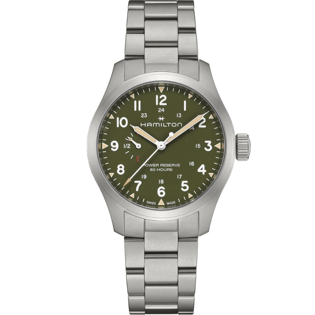 h69509160_1 Hamilton Khaki Field Mechanical Power Reserve 40mm H69509160 Stainless Steel Green Dial - Image 1