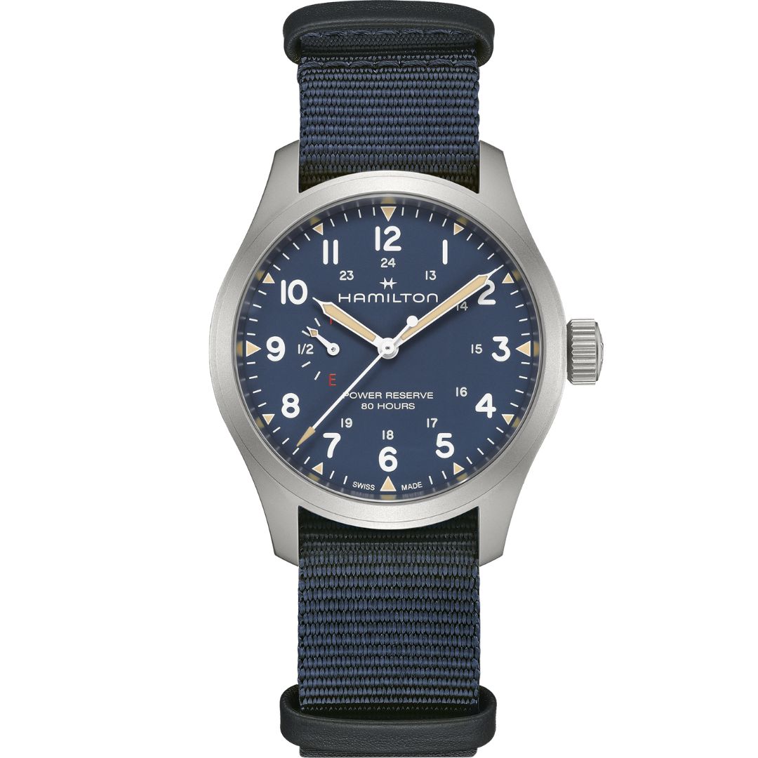 h69509940_1 Hamilton Khaki Field Mechanical Power Reserve 40mm H69509940 Stainless Steel Blue Dial - Image 1