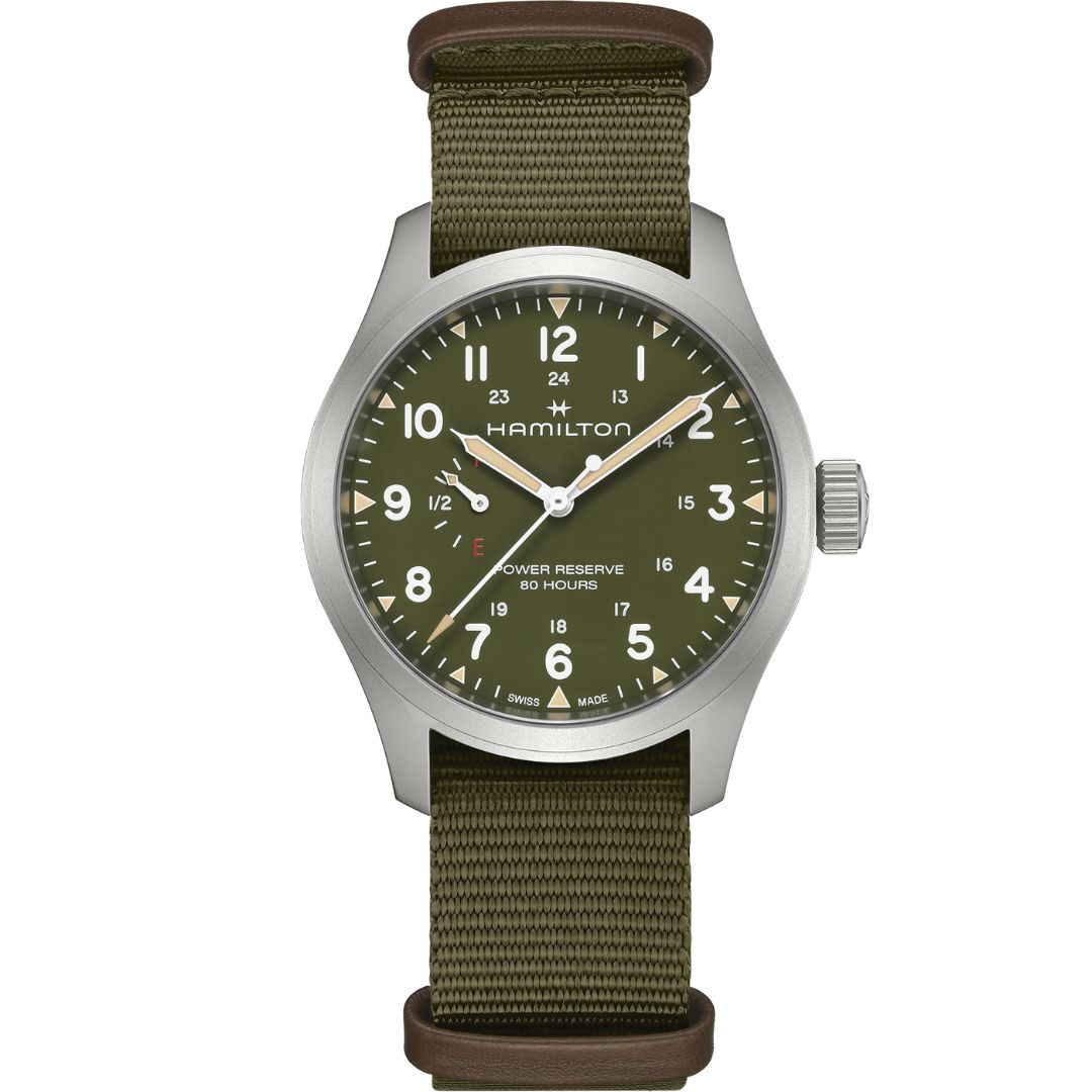 h69509960_1 Hamilton Khaki Field Mechanical Power Reserve 40mm H69509960 Stainless Steel Green Dial - Image 1